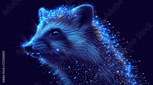  a close up of a raccoon's face with a lot of blue lights on it's face and it's fur in the foreground.