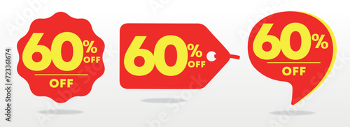 60% off. Special offer, sticker, set, sale. Poster price discount, value. Red, yellow balloon, tag. Advertising, promo, discount, store. Icon, symbol, vector. Campaign retail