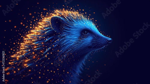  a close up of a blue and yellow animal's head with bright lights coming out of it's fur and a black background with orange and yellow dots. © Nadia