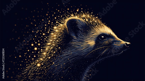  a close up of a ferret's face with bright lights coming out of it's eyes and a black background with gold stars in the middle of the foreground.