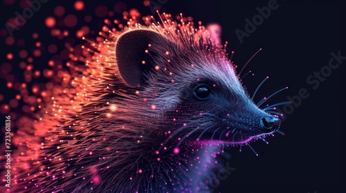  a close up of a small animal with a lot of sparkles on it's face and a black background with red, orange, pink, purple, and blue colors.
