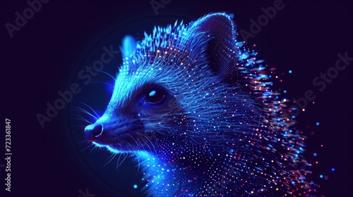  a close up of a raccoon's face with a lot of dots on it's fur and it's eyes lit up in the dark.