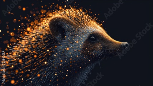 a close up of a porcupine's head with bright lights coming out of it's back and a black background with orange and yellow spots on it.