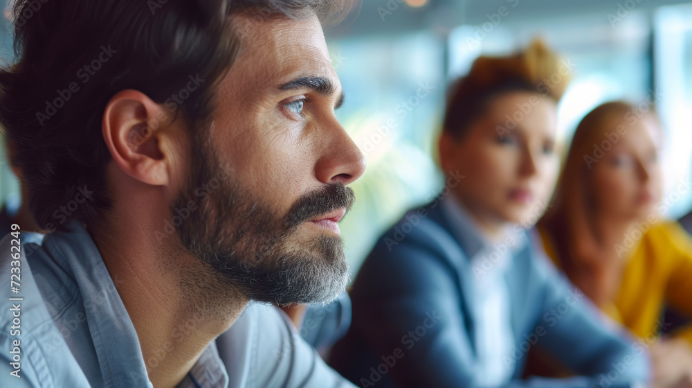 Close-up portrait of a businessman participating in a meeting in the office, discussing projects in an international company Close-up portrait of a businessman participating in a meeting in the office, discussing projects in an international company