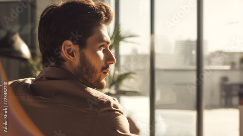 Man with goatee looks into empty space, close-up of manager against office background, copy space, concept of burnout, depression and mental health at work Free Download Man with goatee looks into empty space, close-up of manager against office background, copy space, concept of burnout, depression and mental health at work - GFXLoad