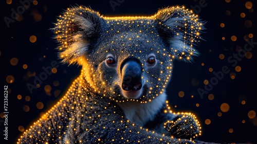  a close up of a koala with lights on it's face and a black background with circles of lights on it's back and a dark background.
