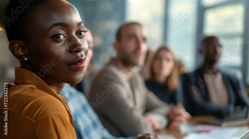 Portrait of a young African American businesswoman at a meeting in the office, discussion before making decisions in an international company