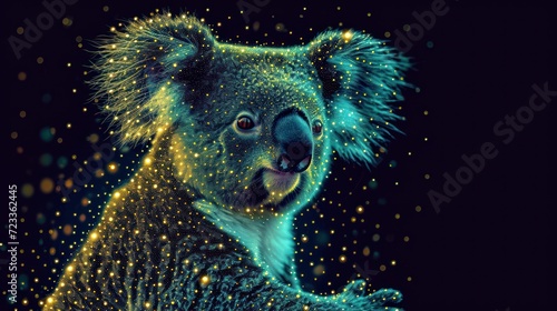  a close up of a koala on a black background with gold flecks on it's fur and a black background with gold flecks all over it.