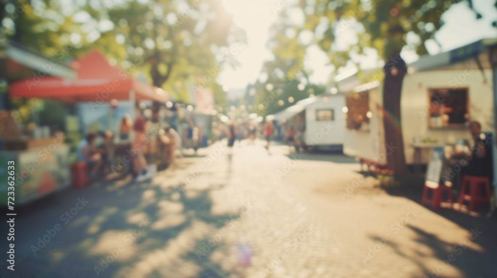 Obraz premium Generative AI, Food truck street festival on the morning, blurred background, atmospheric bokeh, muted colors 