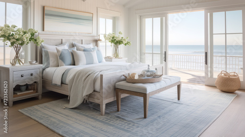 Serenity of a coastal bedroom with a faded Turkish rug © Mehran