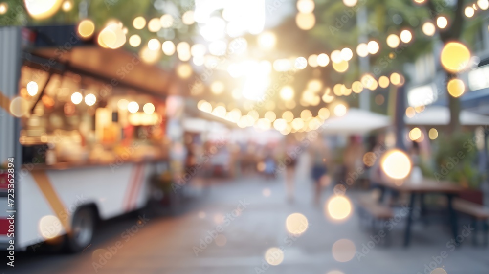 Generative AI, Food truck street festival on the morning, blurred background, atmospheric bokeh, muted colors	
