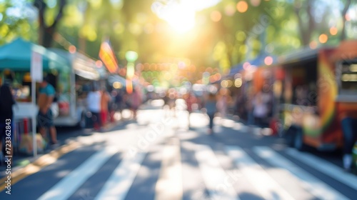 Generative AI, Food truck street festival on the morning, blurred background, atmospheric bokeh, muted colors 