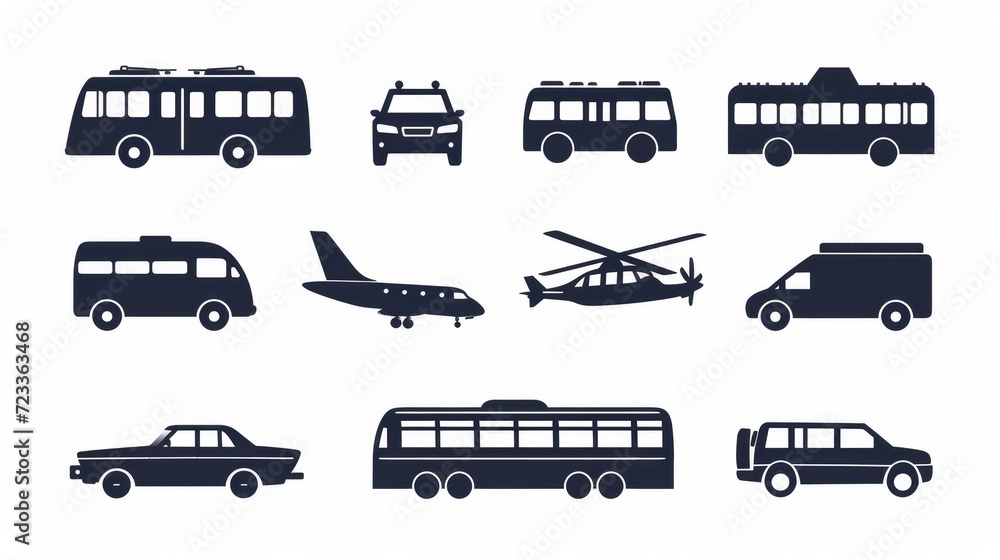 Air, Auto, Railway Transport Silhouette Icon Set. Stop Station Sign for Public Transport Glyph Pictogram. Car, Bus, Tram, Train, Metro, Plane, Ship Icon in Front View. Isolated Vector Illustration
