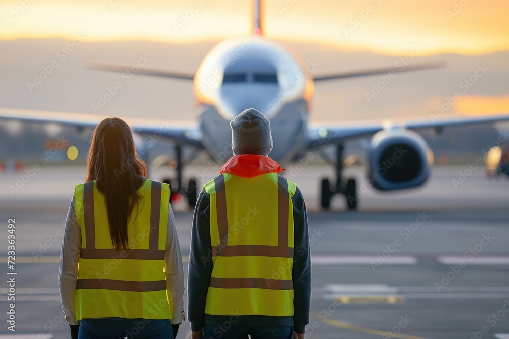 Back view of airport workers in vest standing in airfield with airplane on background Back view of airport workers in vest standing in airfield with airplane on background
