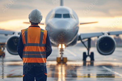 Back view of airport worker in vest standing in airfield with airplane on background