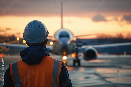 Back view of airport worker in vest standing in airfield with airplane on background