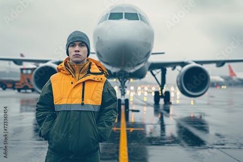 Airport worker in vest standing in airfield with airplane on background