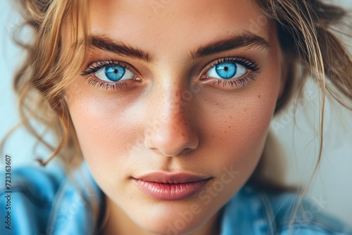 Portrait of cute 20 years old woman with beautiful face and blue eyes