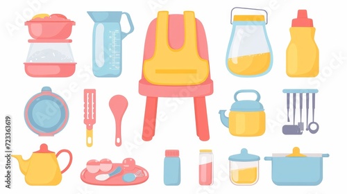 Baby food preparation. Chair, bib, nipple, silicone plate, bottle, measuring spoon, powdered milk, pure vector icons. Colored feeding stuff for an infant. Kitchen equipment concept. Items isolated