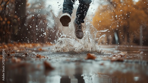 Dynamic splash of water as boots jump into a puddle, with autumn leaves and raindrops suspended in the air, evoking the carefree spirit of a rainy day. 