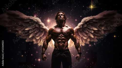 man angel with big wings at heaven, person archangel with muscular torso and perfect athletic body