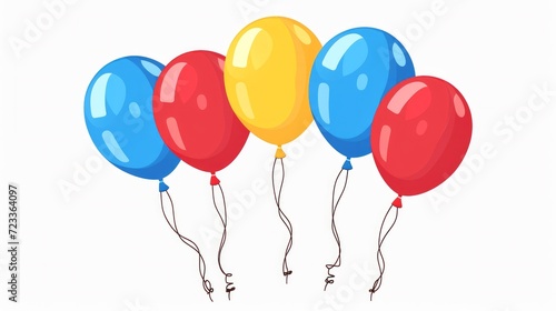 Balloon in cartoon style. Bunch of balloons for and party. Flying ballon with rope. Blue  red and yellow ball isolated on white background. Flat icon for celebrate and carnival. Vector