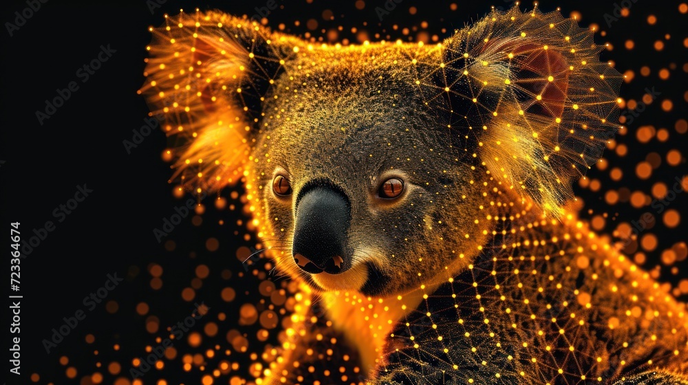  a close up of a koala face on a black background with gold circles around it and a blurry image of a koala bear in the foreground.