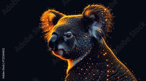  a close up of a koala's face on a black background with orange and yellow dots on it's fur and a black background with a black background.
