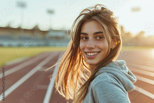 Handsome sportswoman running at stadium