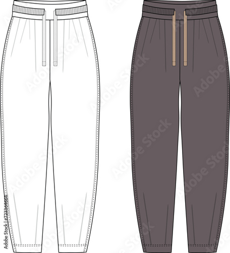 Women's High Waist Tapered Trousers. Trousers technical fashion illustration with elastic waistband. Unisex canvas Pants technical fashion Illustration, oversize. 