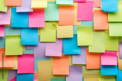 Colorful abstract background pattern of empty sticky notes, colorful set of blank sticky notes stick on the wall, colorful empty blank sticky notes pasted on an office notice board, blank note paper