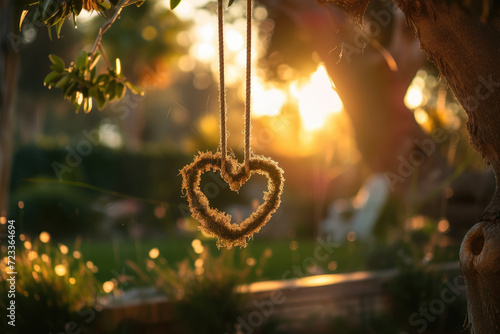 heart-shaped swing hanging from a tree in a beautiful garden photo