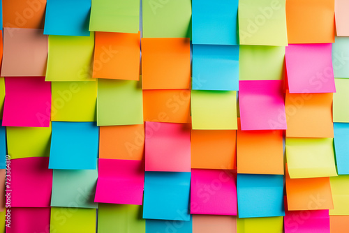 Colorful abstract background pattern of empty sticky notes, colorful set of blank sticky notes stick on the wall, colorful empty blank sticky notes pasted on an office notice board, blank note paper photo