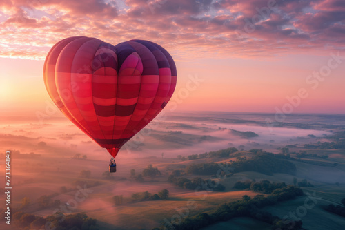 heart-shaped hot air balloon floating over a vast, beautiful landscape at sunrise