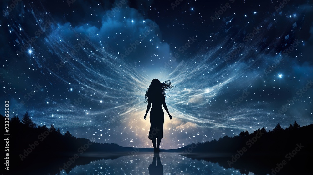 silhouette of beautiful fantasy angel woman in heaven and on star night background - obrazy, fototapety, plakaty 
