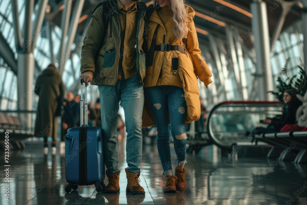 couple with a travel clothes and a suitcase and a professional overlay on the airport