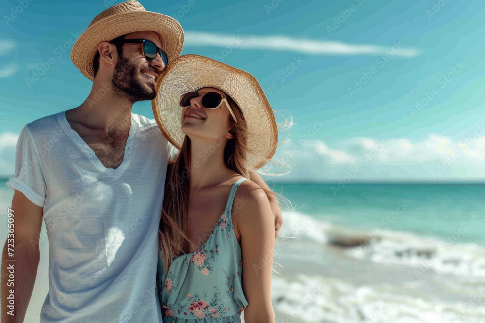 couple with a summer clothes and a sunglasses and a professional overlay on the sand