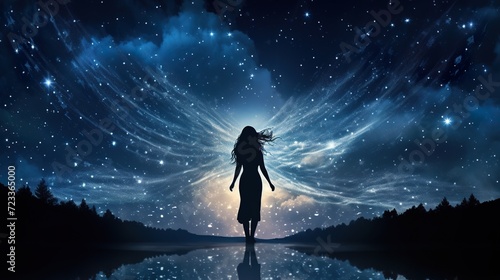 silhouette of beautiful fantasy angel woman in heaven and on star night background photo