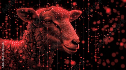  a black and red photo of a sheep with red dots on it's face and a black background with red dots on it's head and a black background.