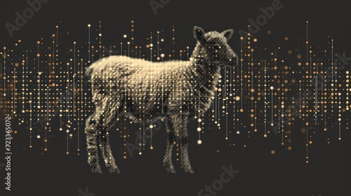  a sheep standing in front of a black background with gold dots in the shape of a number of dots in the shape of a rectangle of a rectangle in the shape of a rectangle in the shape of a rectangle.