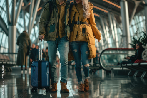 couple with a travel clothes and a suitcase and a professional overlay on the airport