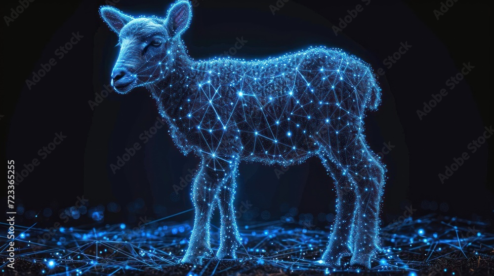  a goat standing in the middle of a field of grass with a lot of blue lights on it's face and it's body and it's head.