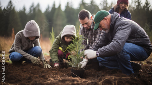 A diverse family honors a loved one's memory by jointly planting a tree in a serene forest