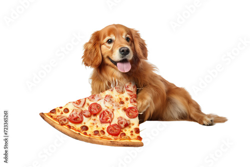 Dog eating a pizza isolated on a transparent background