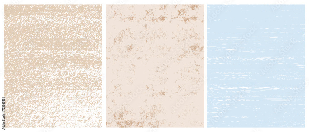 Fototapeta premium Set of 3 Grunge Textures with Copy Space. Abstract Surreal Vector Backgrounds with Messy Grungy Stains on a Pastel Blue and Beige Layout. Simple Irregular Rough Print. Textured Modern Design. RGB.