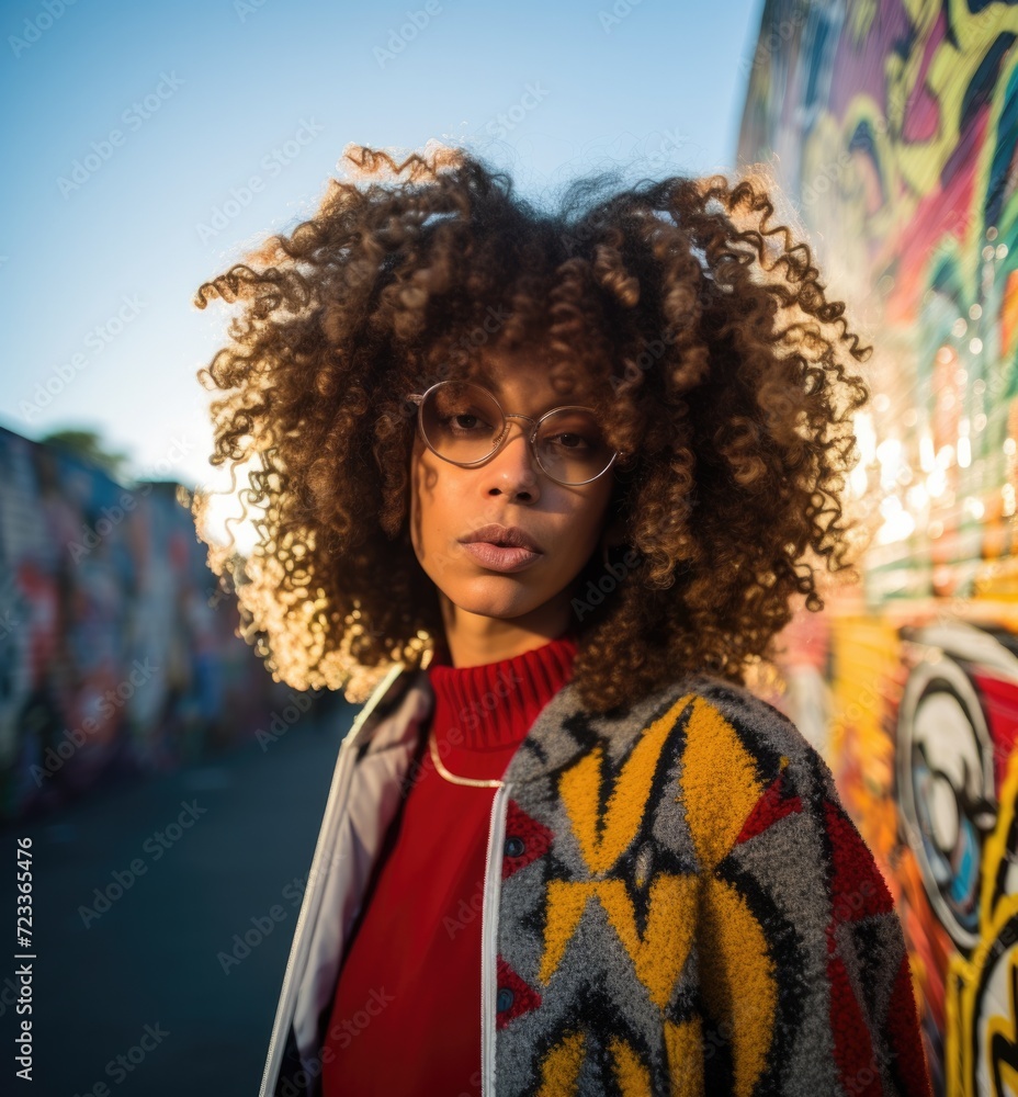 A woman with glasses and an afro in front of a graffiti wall. Generative AI.