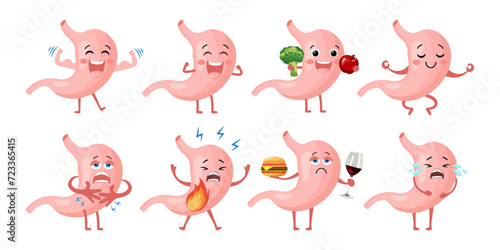 Healthy and unhealthy stomach character icons set. Flat cartoon illustration. Digestive tract, healthy eating, sports, yoga, heartburn, bloating, heaviness, stomach concept. Medical icons photo