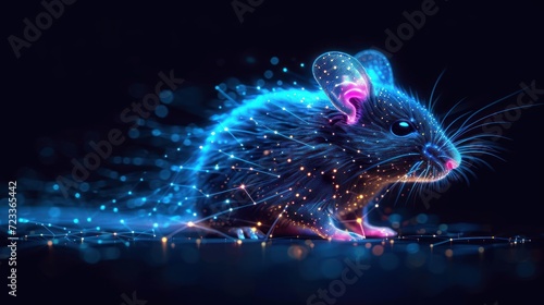  a blue and pink rat sitting on top of a blue floor next to a blue and pink light emitting out of it's back end of its body.