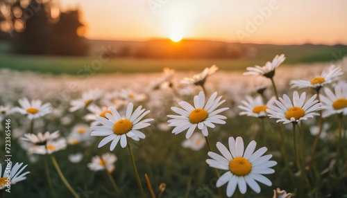 landscape of white daisy blooms in a field, with the setting sun. The grassy meadow is blurred, creating a warm golden hour effect during sunset and sunrise time created with generative ai