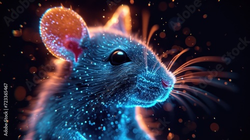  a computer generated image of a blue rat with glowing lights on it's face and ears, in front of a black background with orange and blue circles and red spots.